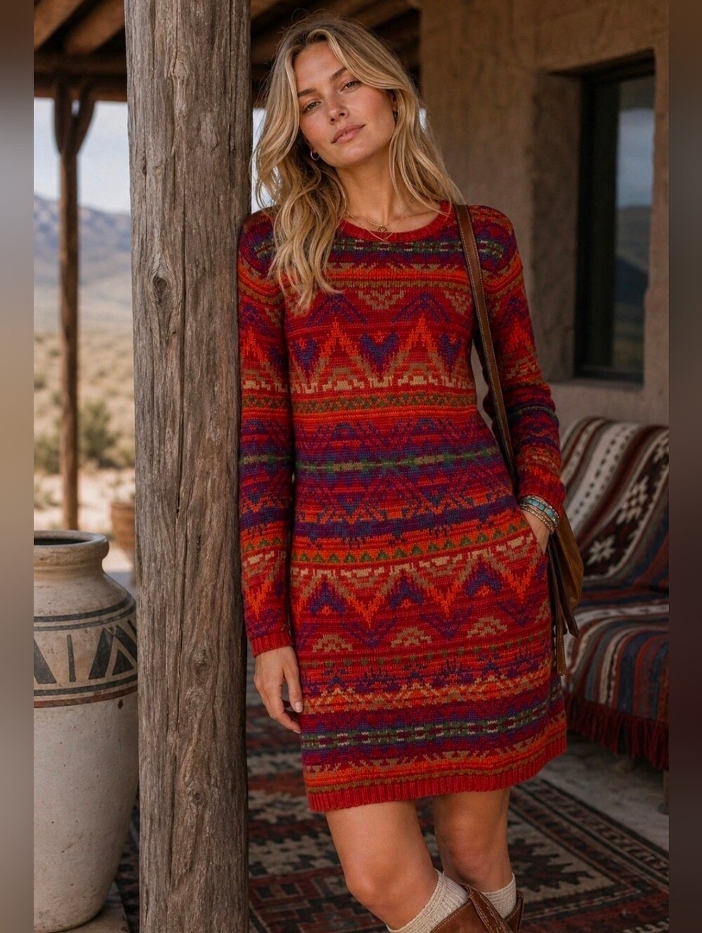 RARE Polo Ralph Lauren Double Knit Aztec Linen Silk Sweater Dress S/M Fair Isle